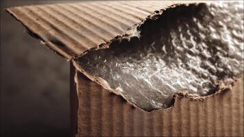Torn cardboard box revealing bubble wrap inside provides insight into packaging condition and contents photo