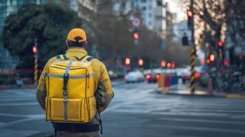 Delivery worker in yellow insulated bag waits at intersection during late afternoon rush hour photo
