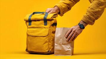 Courier retrieving a lunch from a yellow backpack in a bright setting during daytime photo