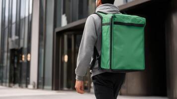 Delivery person carrying a green square shaped bag on the way to fulfill orders in a city setting photo