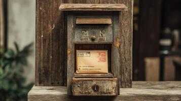 Vintage wooden mailbox displaying a small package ready for delivery at a rustic location photo