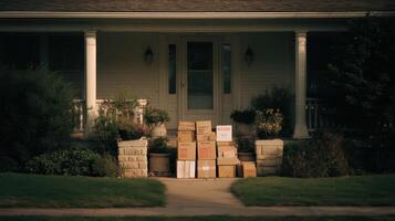 Boxes neatly stacked in front of a suburban home during late afternoon light photo