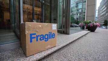 Fragile box left outside office building during a busy weekday afternoon photo