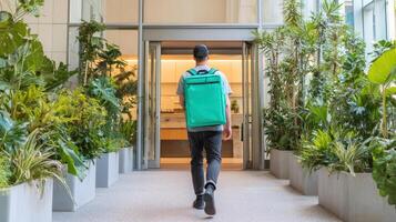 Delivery person carrying a plain green square shaped bag walks through a modern indoor garden area photo