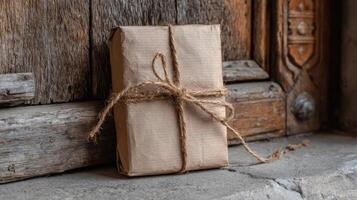 Wrapped package with twine resting on stone surface near rustic wooden door in soft lighting photo