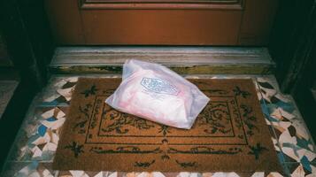 Package resting on a welcome mat outside a door in a residential setting during daylight hours photo