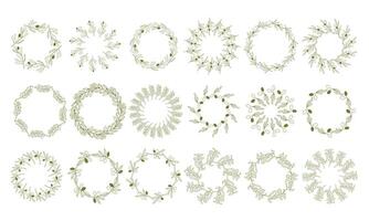 Set of wreaths and branches with leaves. Hand drawing laurel wreaths and branches collection. Laurels wreaths, swirls, twigs and flower ornaments. Herbs, olive and plants elements. Design elements vector