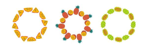 Fruit frame set. Different fruits design template, copy space. Cute hand drawn fruits round frame in doodle style. Circular template. Hand drawn vector