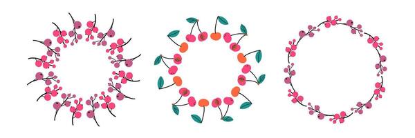 Fruit frame set. Different fruits design template, copy space. Cute hand drawn fruits round frame in doodle style. Hand drawn fruits circle border. vector