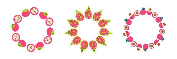 Fruit frame set. Different fruits design template, copy space. Cute hand drawn fruits round frame in doodle style. Circular template. Hand drawn fruits circle vector