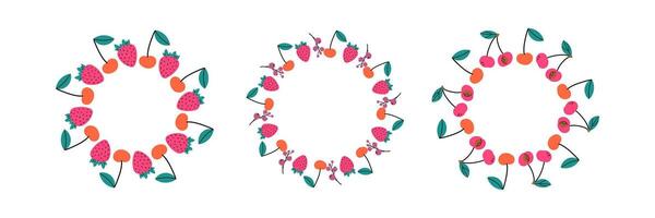Fruit frame set. Different fruits design template, copy space. Cute hand drawn fruits round frame in doodle style. Circular template. vector