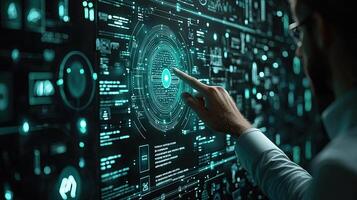 Futuristic Data Analysis Man Interacting with Holographic Display, Exploring CuttingEdge Technology and Advanced Data Visualization. photo