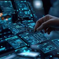 Futuristic Data Analysis Interface with Hand and Stylus, Illustrating Technology, Innovation, and Advanced Analytics Concepts. photo