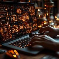 Futuristic Data Analysis on Laptop with Financial Charts, Cyber Security, and Person Typing on Keyboard. photo