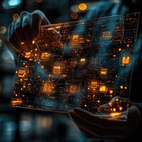 Futuristic Data Flow on Transparent Screen Held by Hands, Digital Interface with Glowing Icons. photo