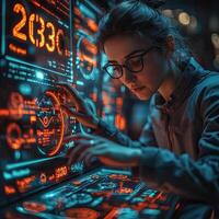 Futuristic Data Analyst Woman Interacting with Holographic Interface Displaying Cyberpunk Technology and 2030 Year. photo