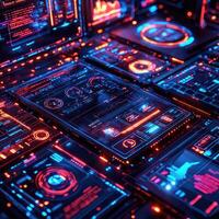 Futuristic Data Display Digital Interface with Glowing Red and Blue Neon Elements and Abstract Information Graphics. photo