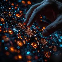 Futuristic Data Connection Interface with Finger Touch, Digital Security, Global Network, and Cybersecurity Concepts. photo