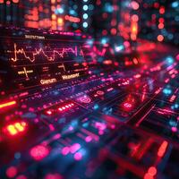 Futuristic Data Visualization Glowing Trading Chart on Circuit Board with Abstract Bokeh Background photo