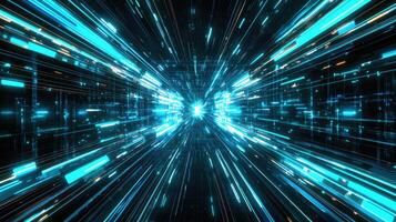 Futuristic Data Stream Abstract Neon Light Speed Technology Tunnel Background with SciFi Glow and Network Lines. photo
