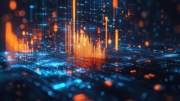 Futuristic Data Stream Visualization with Orange and Blue Light, Abstract Digital Network Technology, Information Flow. photo
