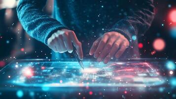 Futuristic Designer Working On Transparent Interactive Table Interface with Glowing Lines and Digital Particles. photo