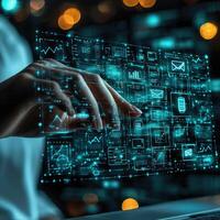 Futuristic Data Visualization Hand Interacting with Digital Information, Charts, Emails, and Battery Icons on Glowing Screen. photo
