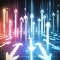 Futuristic Digital Arrows Pointing Upwards With Light Trails, Data Streams and Optimistic Growth Concept. photo