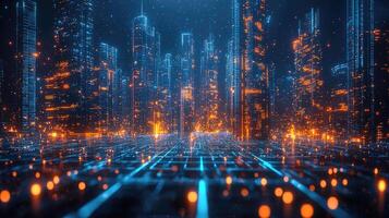 Futuristic Digital Cityscape Glowing Data Streams and Architectural Innovation for Technology and Innovation Background. photo