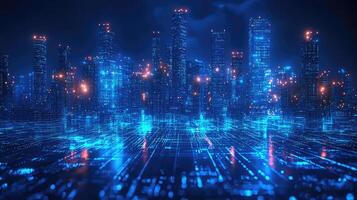 Futuristic Digital Cityscape with Glowing Blue Lines and Data Flow, HighTech Urban Network Visualization. photo