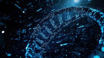 Futuristic Digital DNA Helix Structure with Binary Code, Science, Technology, and Biotechnology Concept with Dark Background photo