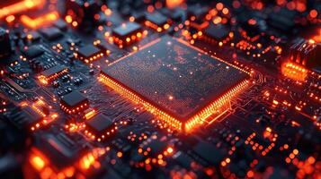 Futuristic Microchip with Glowing Connections Representing Advanced Technology and Neural Networks, Artificial Intelligence Concept photo