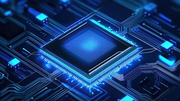 Futuristic Microchip Technology HighTech Circuit Board with Glowing Blue Light, Semiconductor Innovation for Artificial Intelligence and Computing. photo