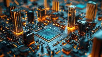 Futuristic Motherboard Circuit Board with Glowing Components and Data Transmission Concept for Technology and Innovation photo