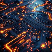Futuristic Motherboard Circuit with Glowing Orange Pathways HighTech Background for Innovation and Connectivity Concepts photo