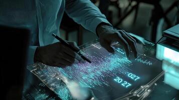 Futuristic Technology Analysis Business Professional Analyzing 2027 Projections on a Digital Interface with Advanced Data Visualization photo