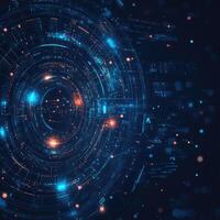 Futuristic Technology Circuit Board Background with Glowing Lights and Data Streams for Science and Engineering. photo