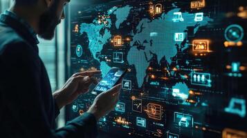 Global Supply Chain Management Man Using Smartphone to Monitor Logistics Data on a Digital World Map Display photo