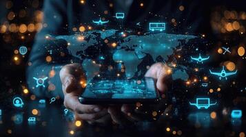 Global Supply Chain Management on Mobile Device Displaying Logistics Network and Worldwide Transportation Methods photo