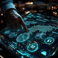 Global Tech Interface Man Interacts With a Digital World Map and Data Visualization on Futuristic Screen. photo