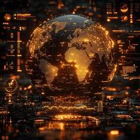 Global Tech Network Golden World Globe with Data and Information Overlays, Digital Connections, and HighTech Visualizations photo