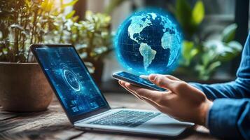 Global Technology Integration Man Using Laptop and Phone with Earth Hologram, Data Visualization for Business Connection photo