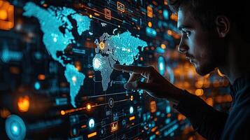 Global Technology Network Man Interacting with World Map on Digital Interface for Data Analysis and Connectivity. photo