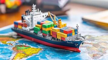Global Trade Cargo Ship Model with Colorful Shipping Containers on a World Map Backdrop photo
