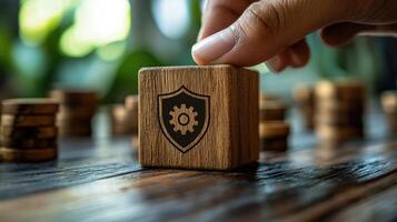 Hand Placing Wooden Block with Shield and Gear Icon Cybersecurity, Data Protection, and System Security Concept photo