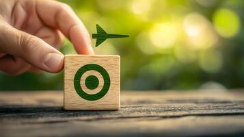 Hand Placing Block with Target and Airplane Icons Achieving Goals and Strategic Planning photo