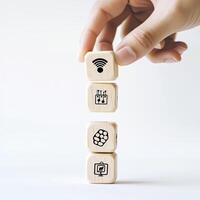 Hand Placing Wooden Dice with Internet, Data Server, Cloud Storage, and Digital Presentation Icons photo