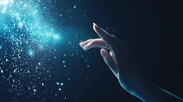 Hand Reaching Out To Abstract Glowing Particles, Connection, Magic, Sparkle, Light, Science, Technology, Innovation, Touch photo