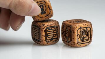Hand Stacking Wood Dice with Futuristic Circuit Board Symbols on White Background, Macro Close Up photo