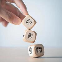 Hand Stacking Wooden Dice Featuring Artificial Intelligence and Network Technology Concepts on a Soft White Gradient. photo